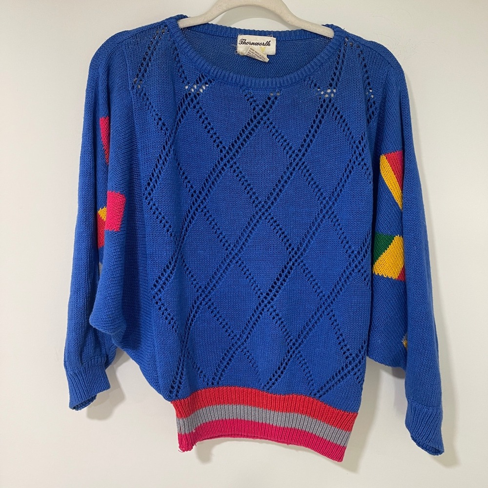 Thornworth Vintage 80s Sweater Womens‎ Medium Blue Geometric Ramie Cotton Knit